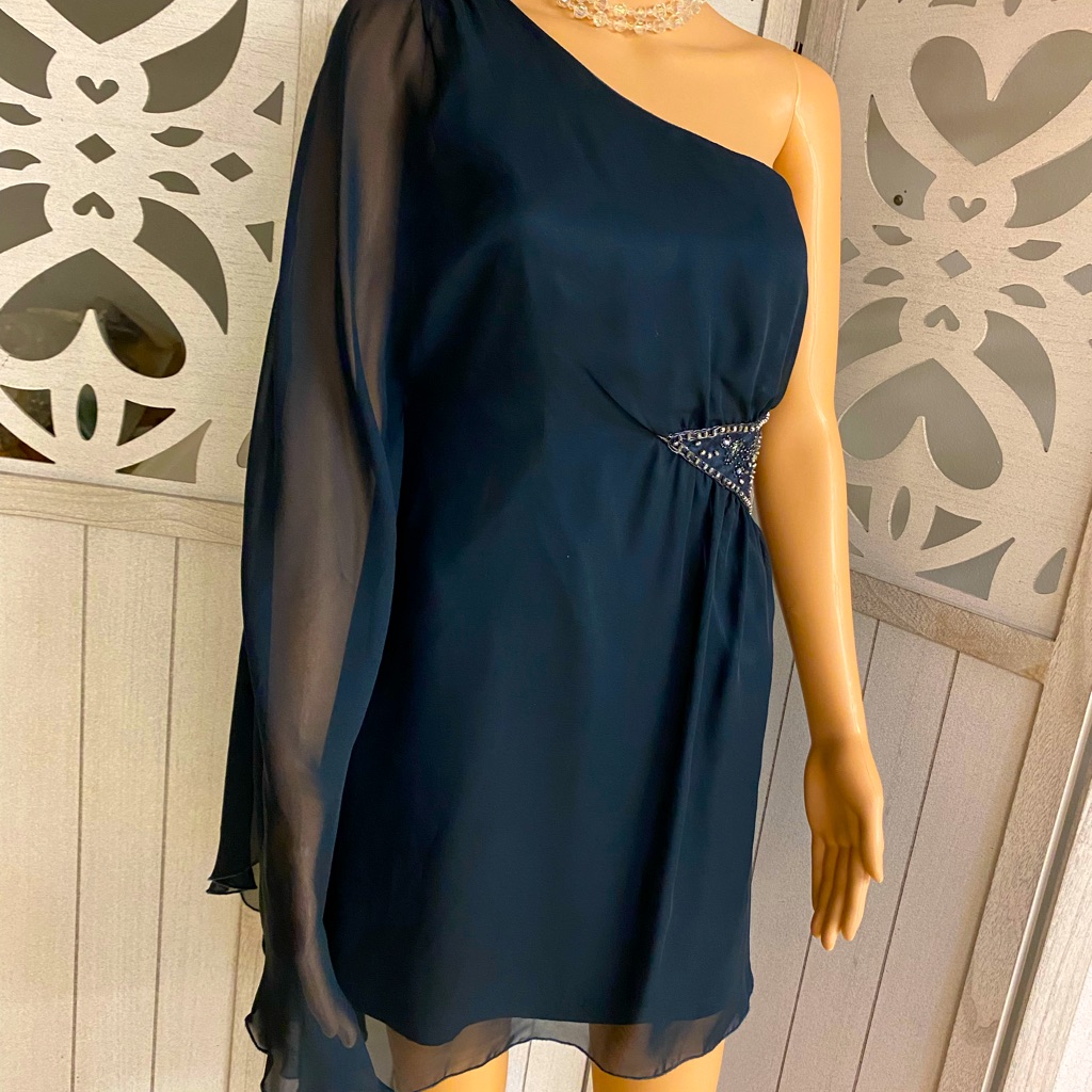 Free People Navy Sheer Over Cocktail Dress With Side Sequins & Beads Size 2